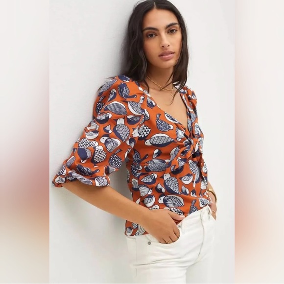 Anthropologie Tops - Eva Franco Tropical Birds Sweetheart Neck Blouse Puff Sleeves